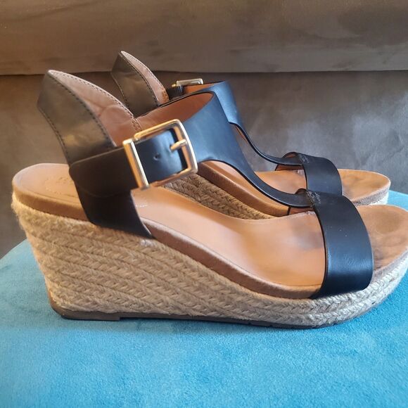 Kenneth Cole Reaction Card Wedge Sandal Womens Size 6.5 Black T-Strap Espadrille - Picture 3 of 11